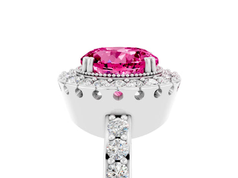 White gold Round Cut Pink Sapphire Halo Ring with Pavé Band and Prong Setting_5