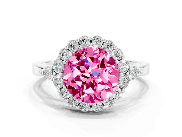Platinum Round Cut Pink Sapphire Halo Ring with Pear Side Stones and Prong Setting