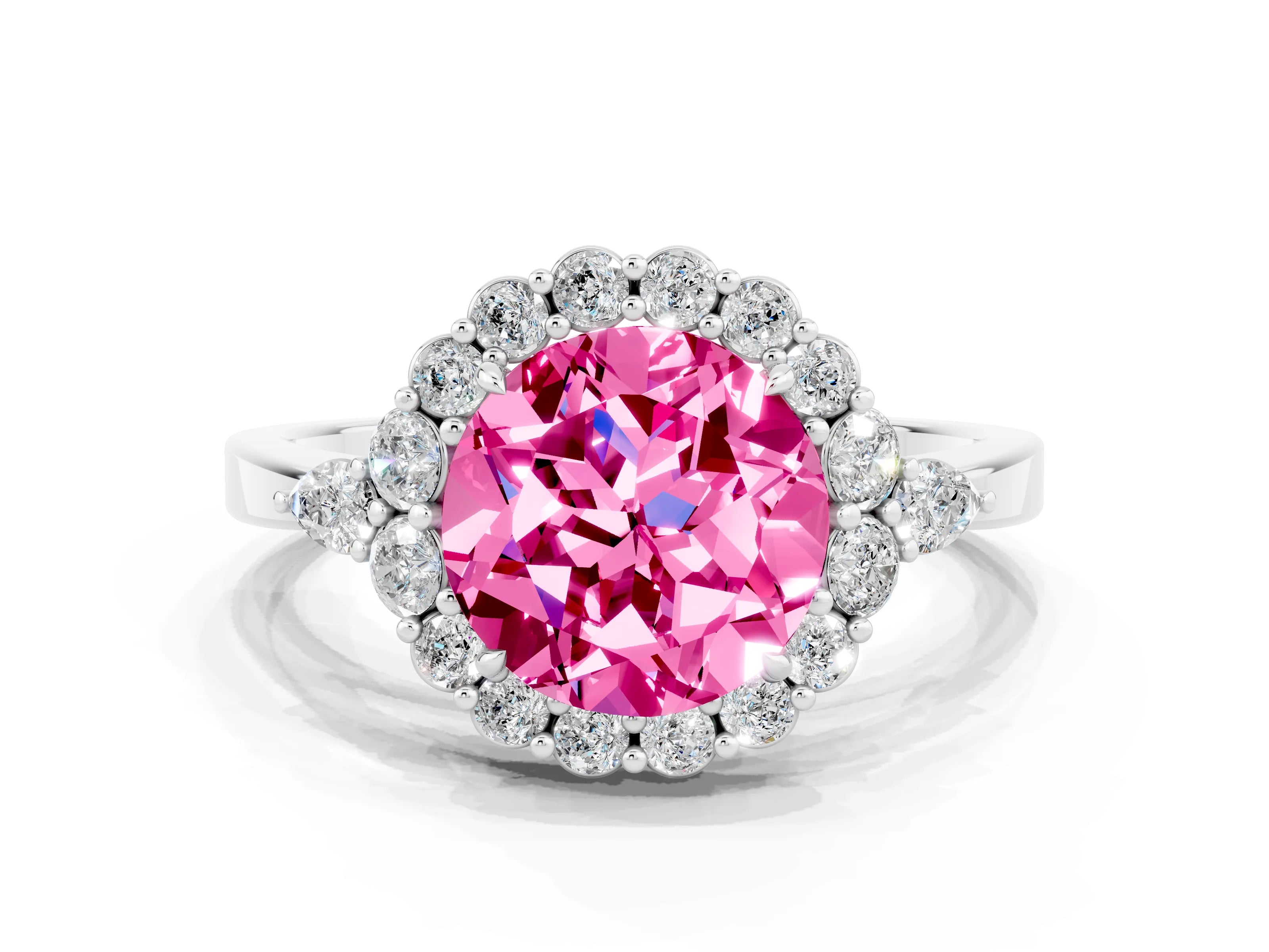 White gold Round Cut Pink Sapphire Halo Ring with Pear Side Stones and Prong Setting_24