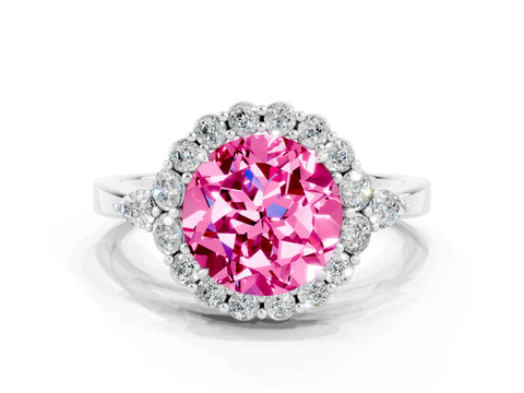 White gold Round Cut Pink Sapphire Halo Ring with Pear Side Stones and Prong Setting_24