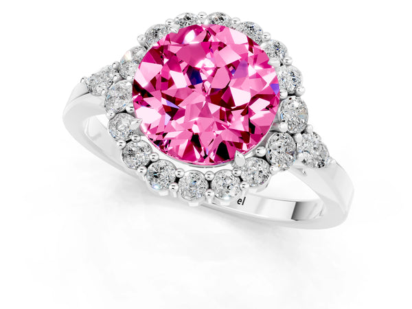 Platinum Round Cut Pink Sapphire Halo Ring with Pear Side Stones and Prong Setting