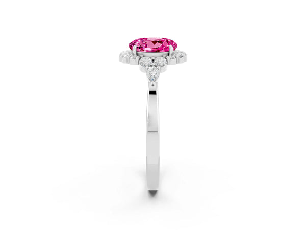 Silver Round Cut Pink Sapphire Halo Ring with Pear Side Stones and Prong Setting
