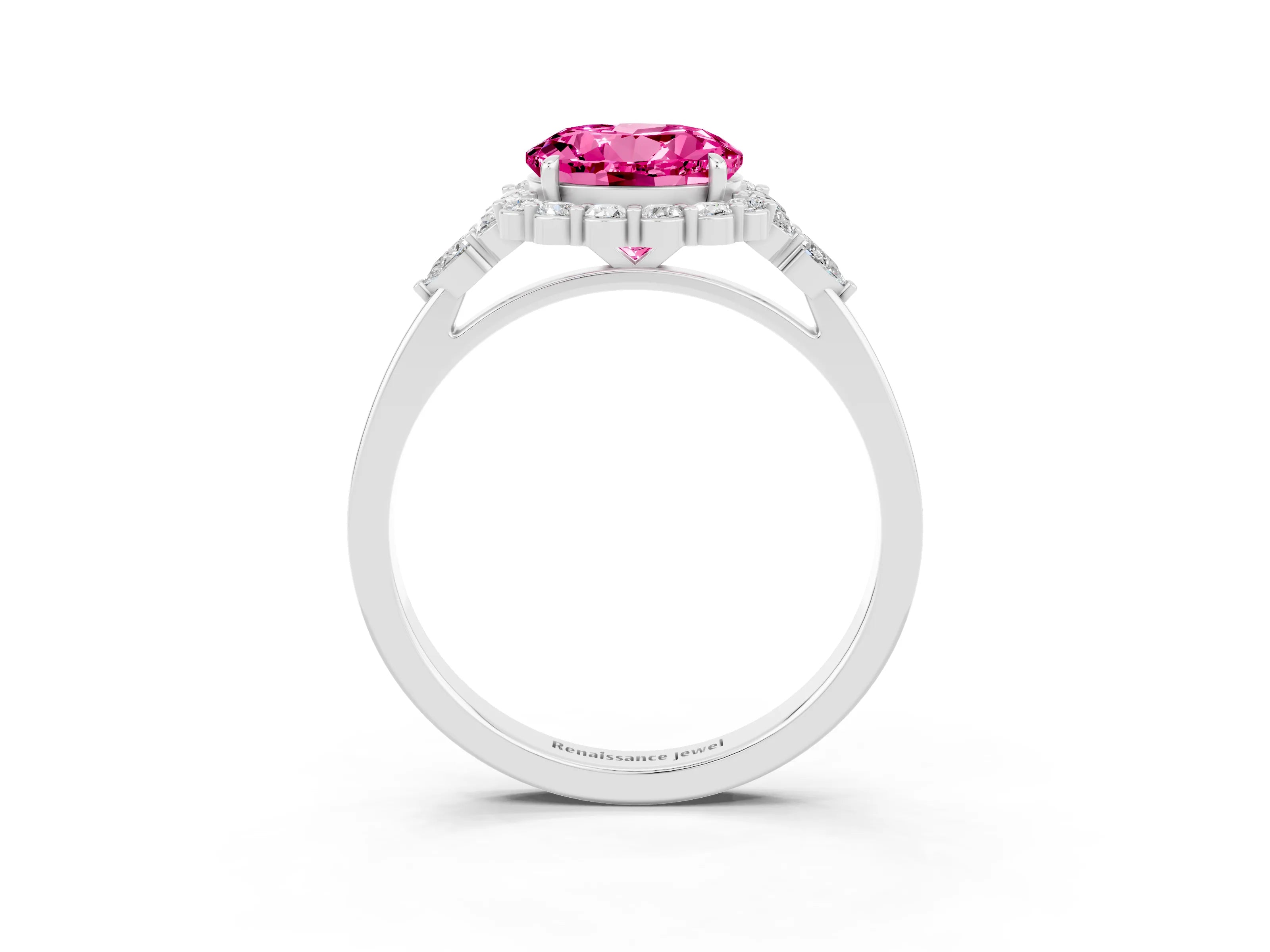 White gold Round Cut Pink Sapphire Halo Ring with Pear Side Stones and Prong Setting_27