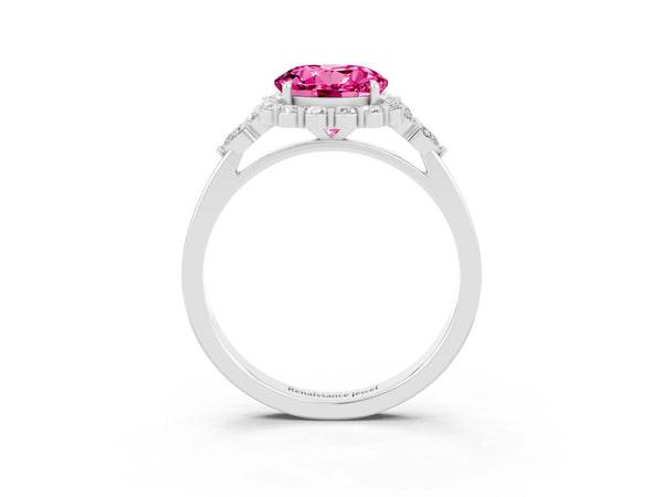 Silver Round Cut Pink Sapphire Halo Ring with Pear Side Stones and Prong Setting