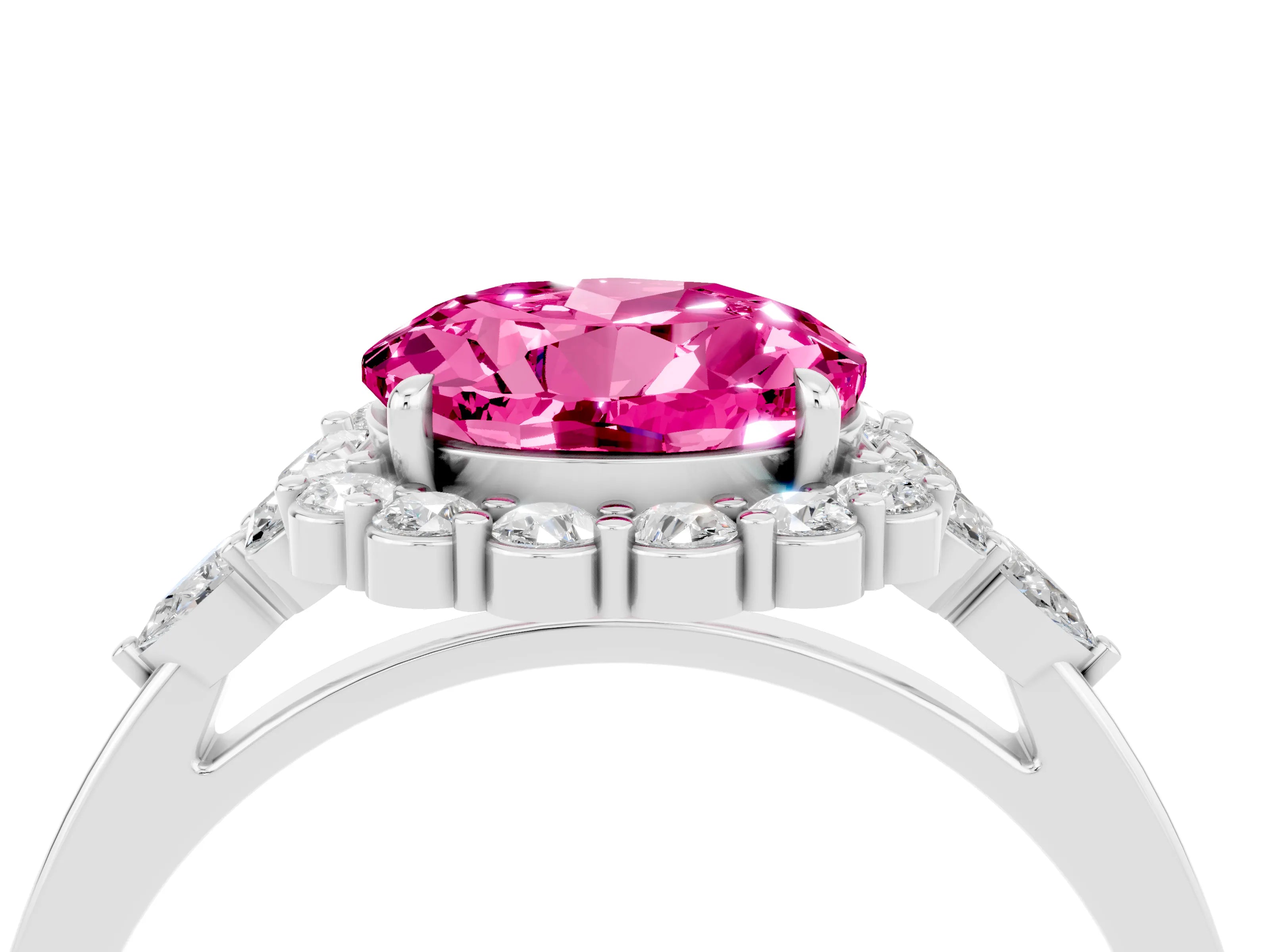 White gold Round Cut Pink Sapphire Halo Ring with Pear Side Stones and Prong Setting_28
