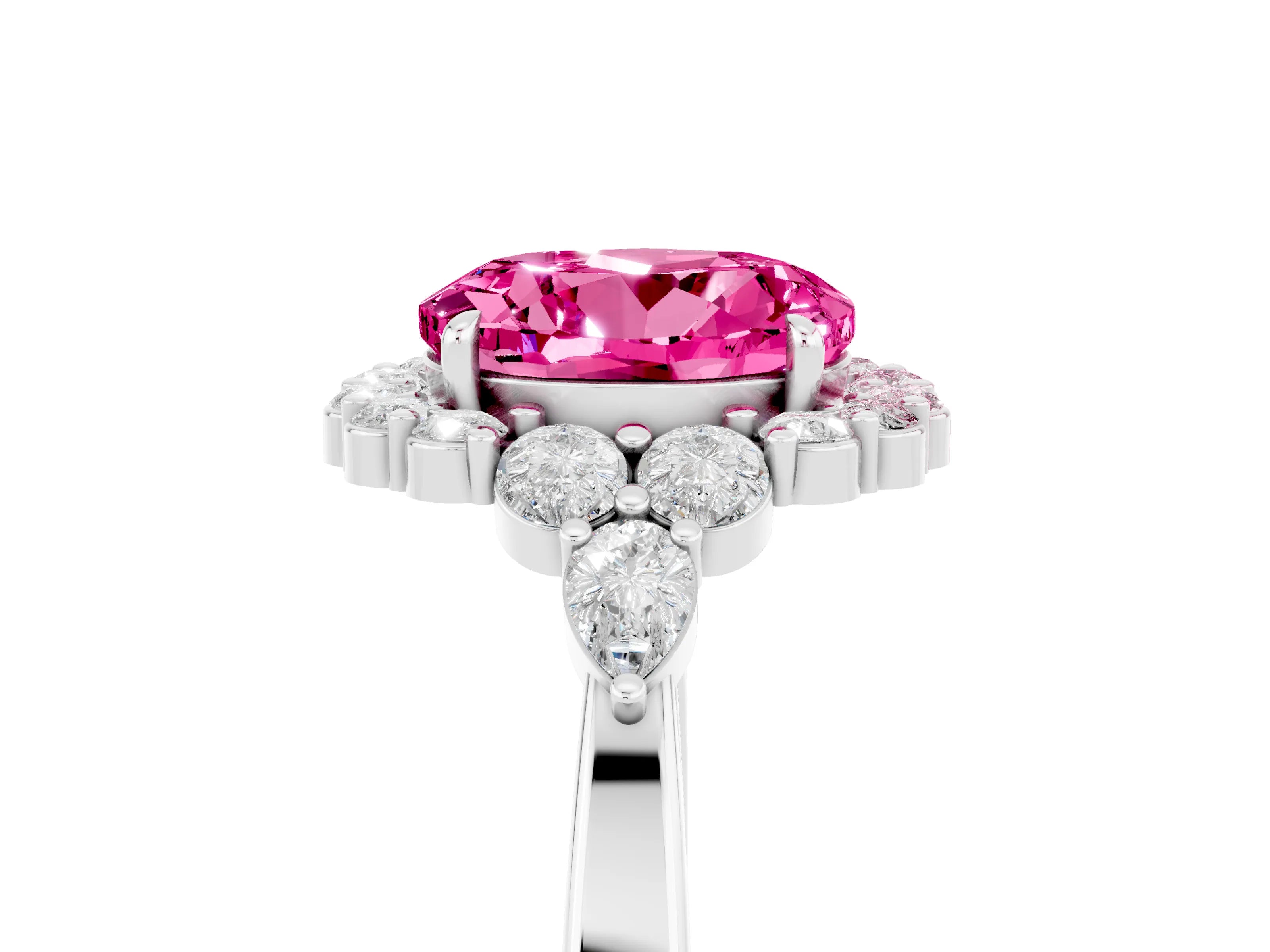 White gold Round Cut Pink Sapphire Halo Ring with Pear Side Stones and Prong Setting_29