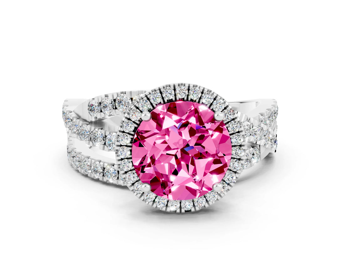 White gold Round Cut Pink Sapphire Halo Ring with Round Split Shank and Prong Setting_60