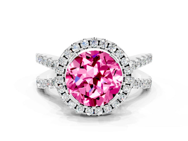 Platinum Round Cut Pink Sapphire Halo Ring with Split Shank Pavé Band and Prong Setting