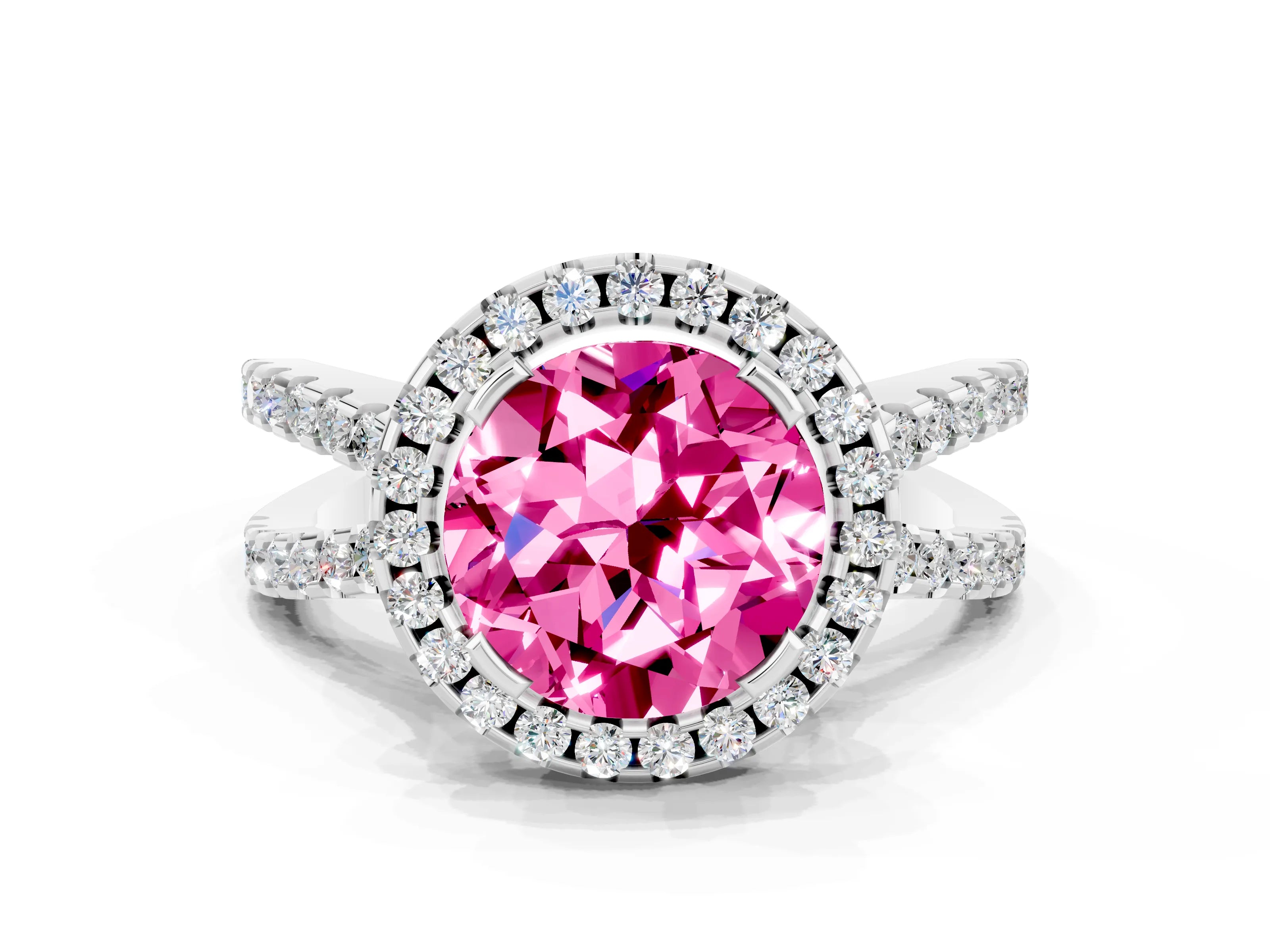 White gold Round Cut Pink Sapphire Halo Ring with Split Shank Pavé Band and Prong Setting_12