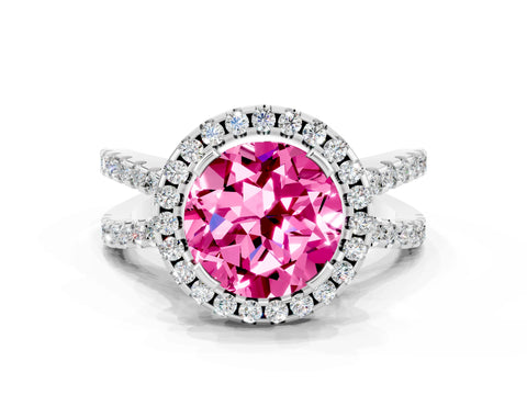 White gold Round Cut Pink Sapphire Halo Ring with Split Shank Pavé Band and Prong Setting_12