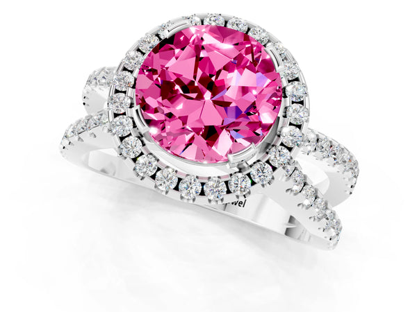 Platinum Round Cut Pink Sapphire Halo Ring with Split Shank Pavé Band and Prong Setting