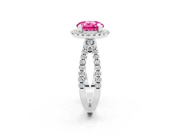 White gold Round Cut Pink Sapphire Halo Ring with Split Shank Pavé Band and Prong Setting