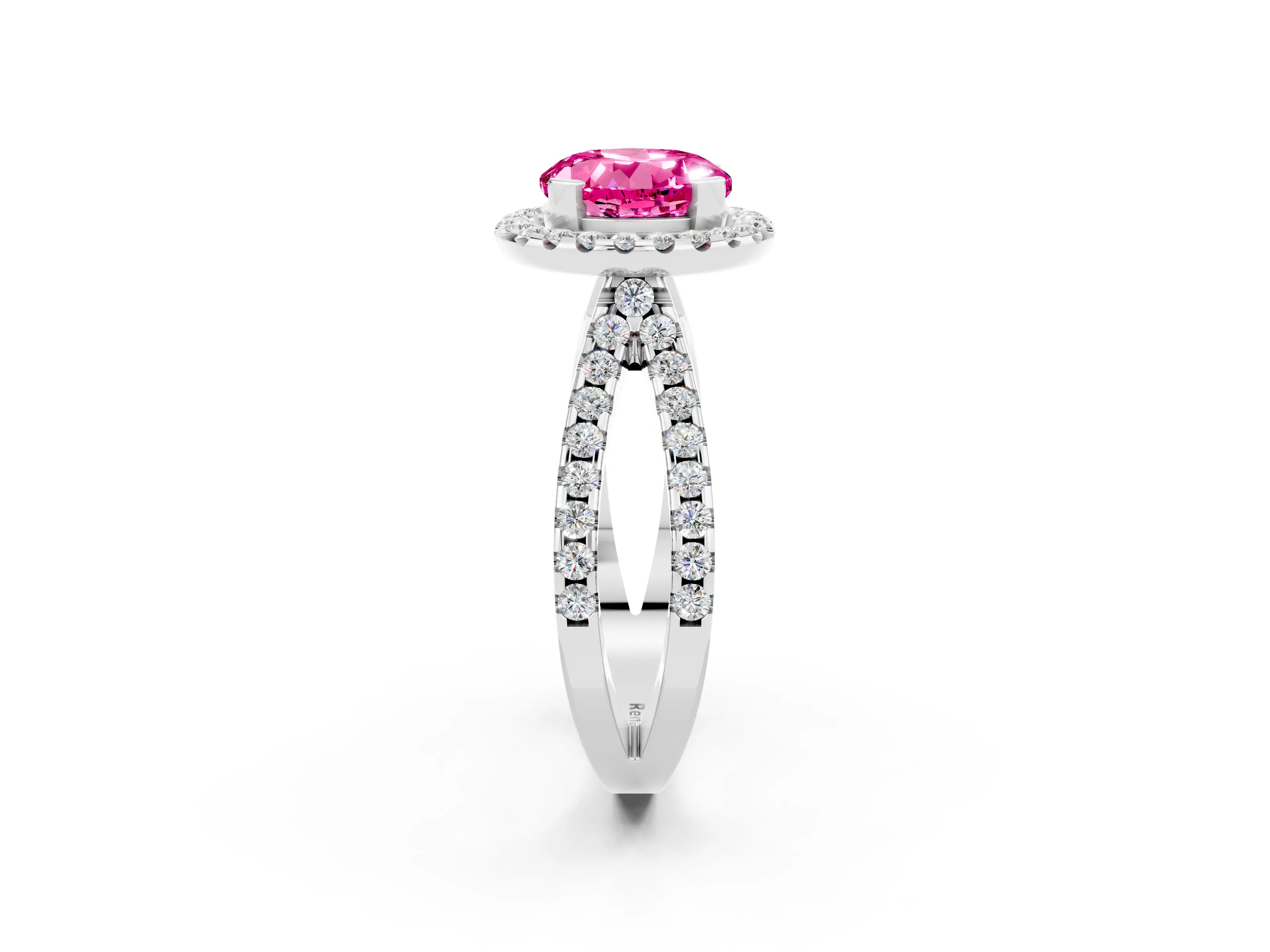 White gold Round Cut Pink Sapphire Halo Ring with Split Shank Pavé Band and Prong Setting_14
