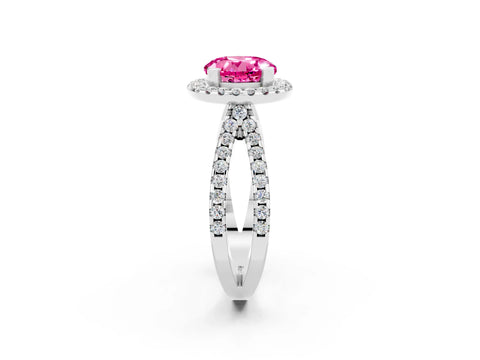 White gold Round Cut Pink Sapphire Halo Ring with Split Shank Pavé Band and Prong Setting_14