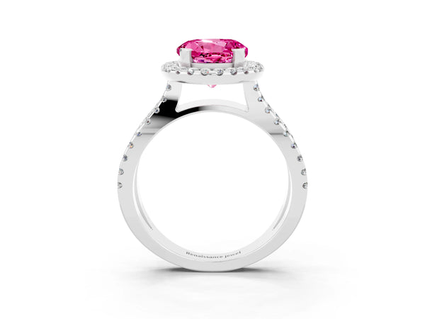 Platinum Round Cut Pink Sapphire Halo Ring with Split Shank Pavé Band and Prong Setting