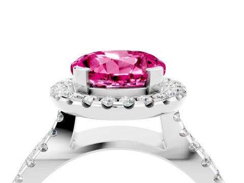 White gold Round Cut Pink Sapphire Halo Ring with Split Shank Pavé Band and Prong Setting_16