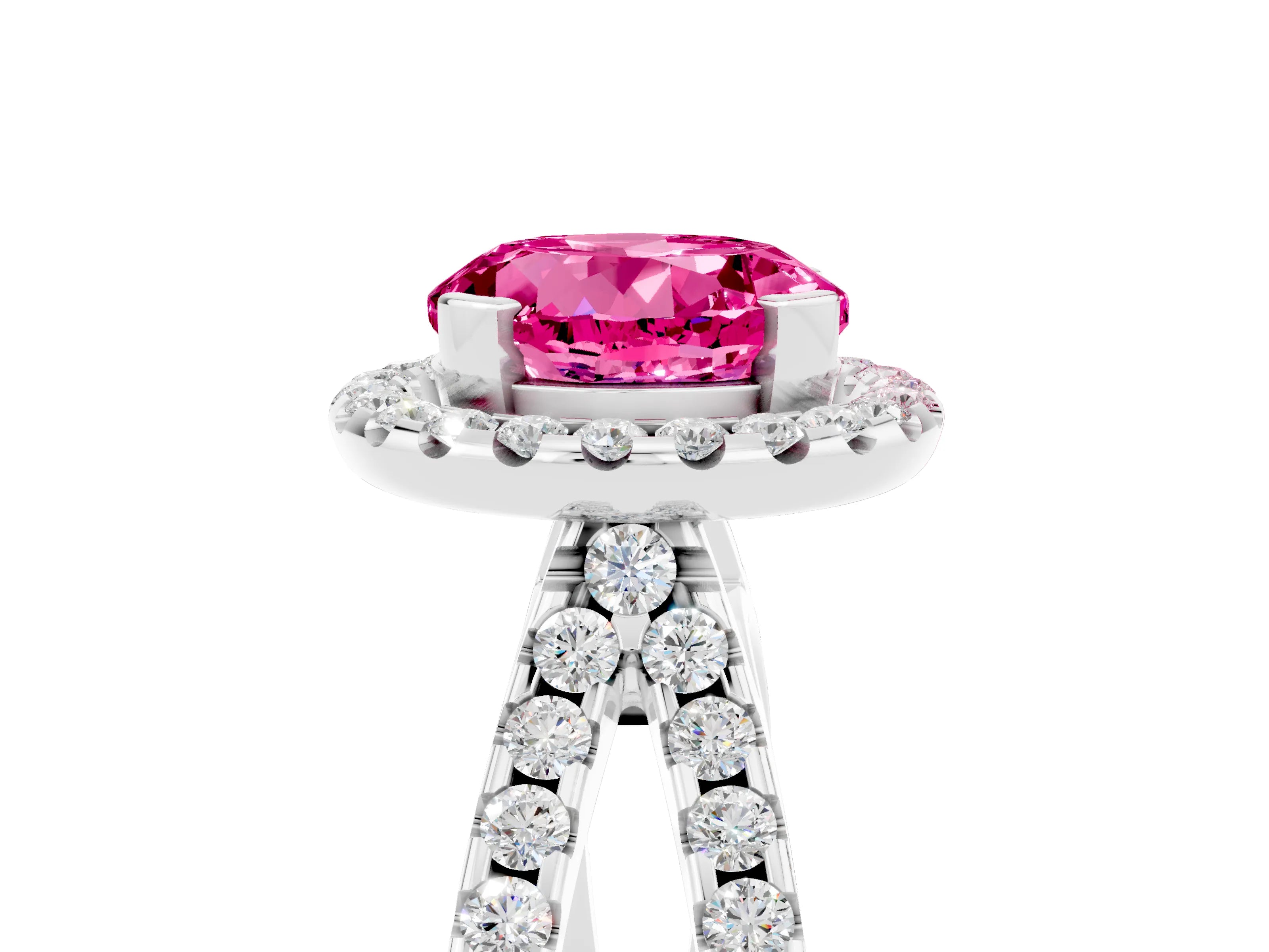 White gold Round Cut Pink Sapphire Halo Ring with Split Shank Pavé Band and Prong Setting_17