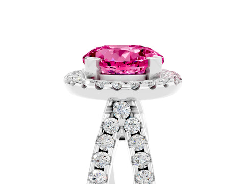 White gold Round Cut Pink Sapphire Halo Ring with Split Shank Pavé Band and Prong Setting_17
