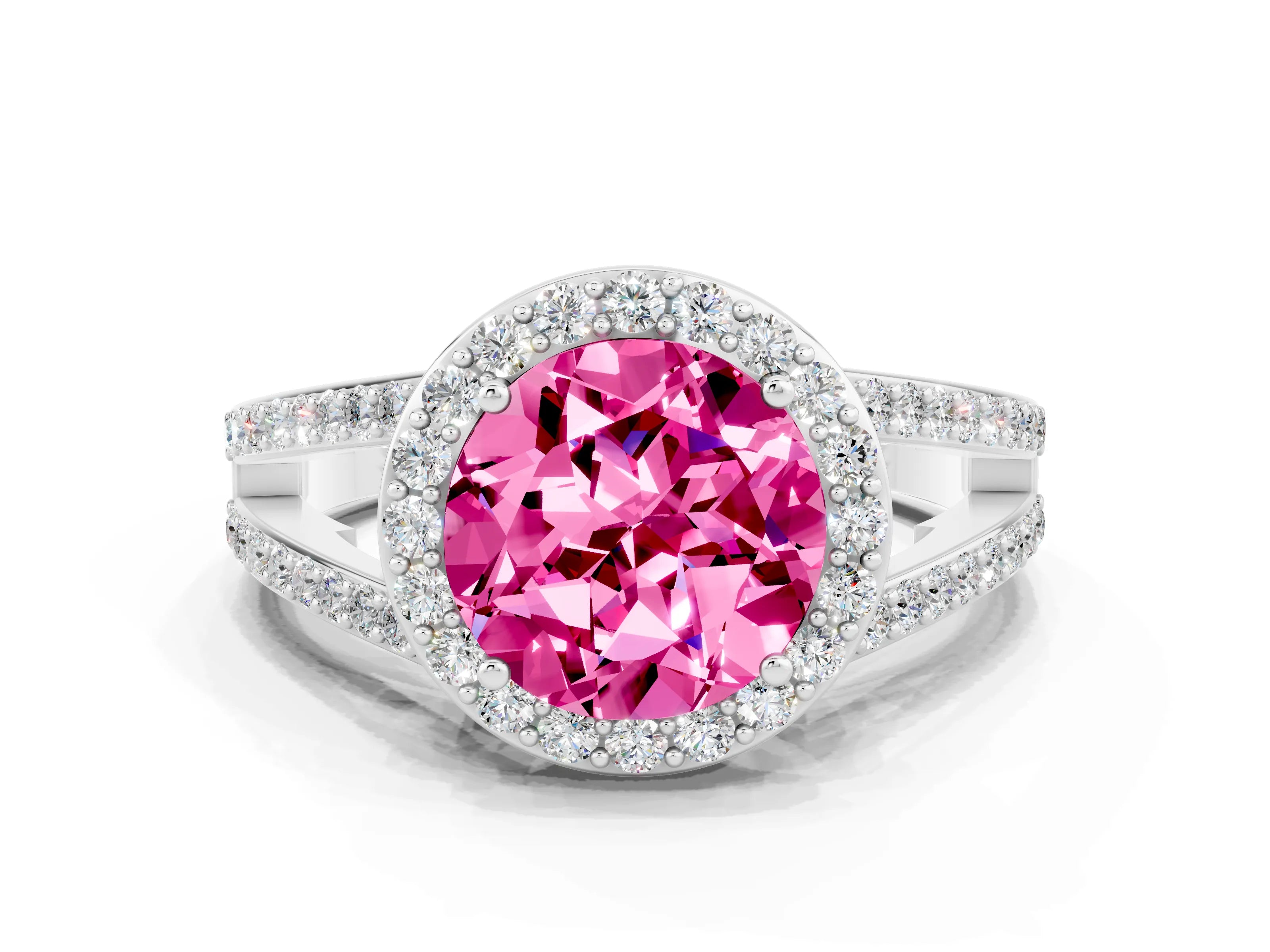 White gold Round Cut Pink Sapphire Halo Ring with Split Shank U-Prong Band and Four-Prong Setting