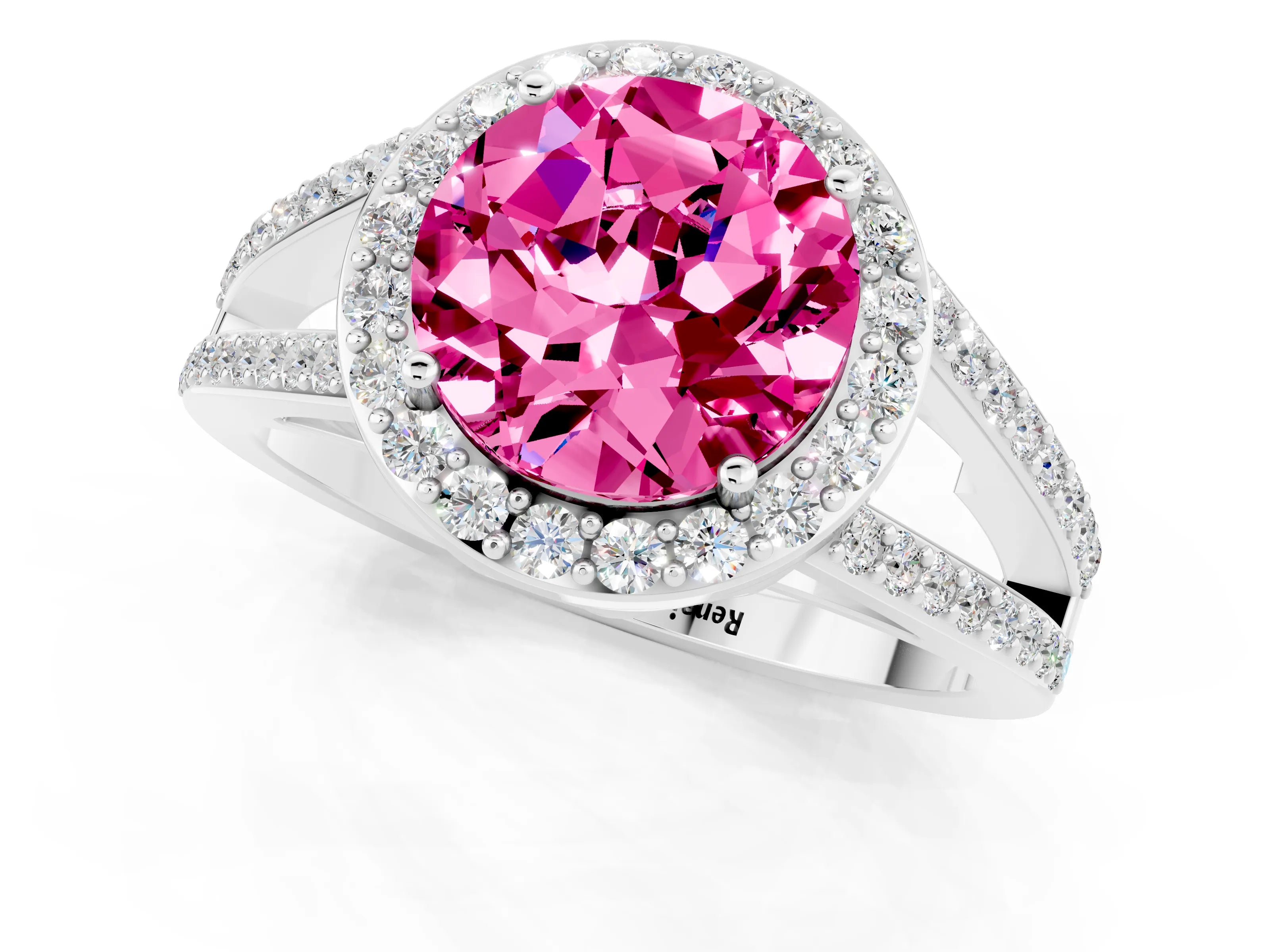 White gold Round Cut Pink Sapphire Halo Ring with Split Shank U-Prong Band and Four-Prong Setting_1