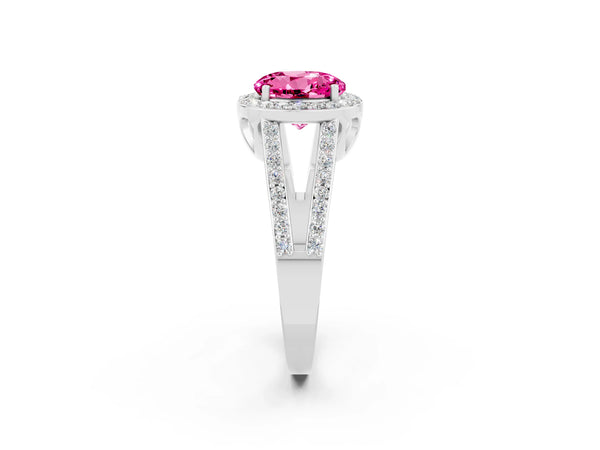 Platinum Round Cut Pink Sapphire Halo Ring with Split Shank U-Prong Band and Four-Prong Setting