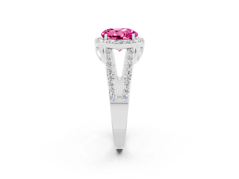 White gold Round Cut Pink Sapphire Halo Ring with Split Shank U-Prong Band and Four-Prong Setting_2