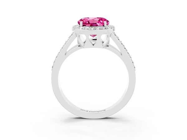 Platinum Round Cut Pink Sapphire Halo Ring with Split Shank U-Prong Band and Four-Prong Setting