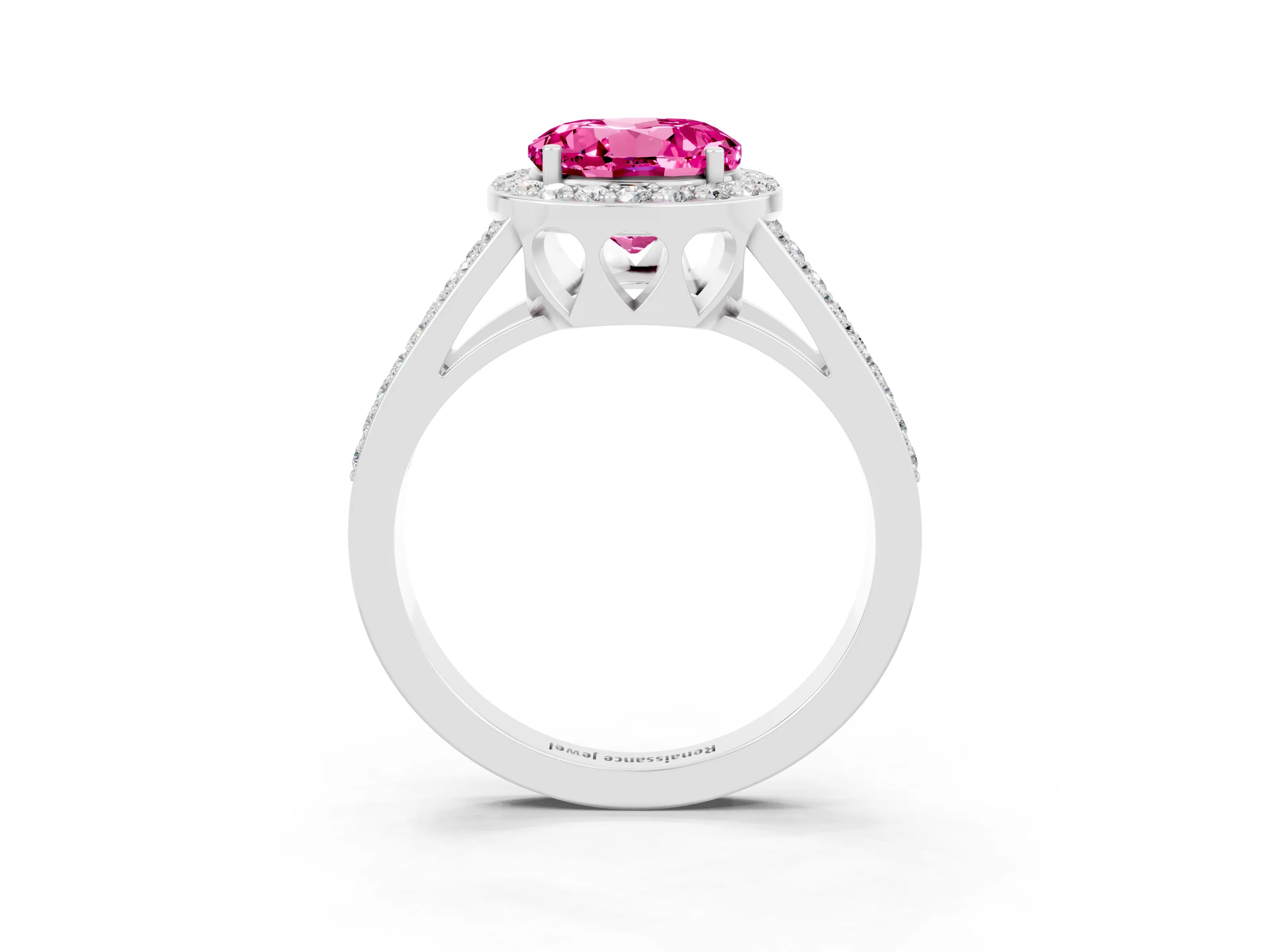 White gold Round Cut Pink Sapphire Halo Ring with Split Shank U-Prong Band and Four-Prong Setting_3