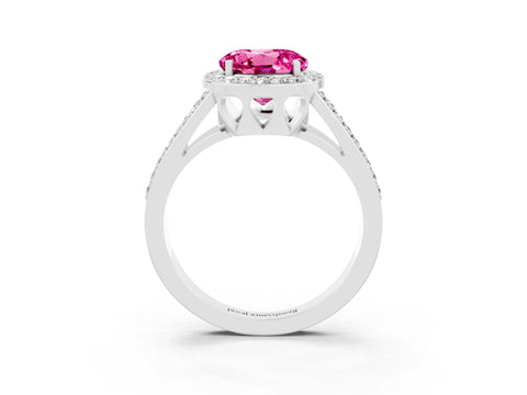 White gold Round Cut Pink Sapphire Halo Ring with Split Shank U-Prong Band and Four-Prong Setting_3
