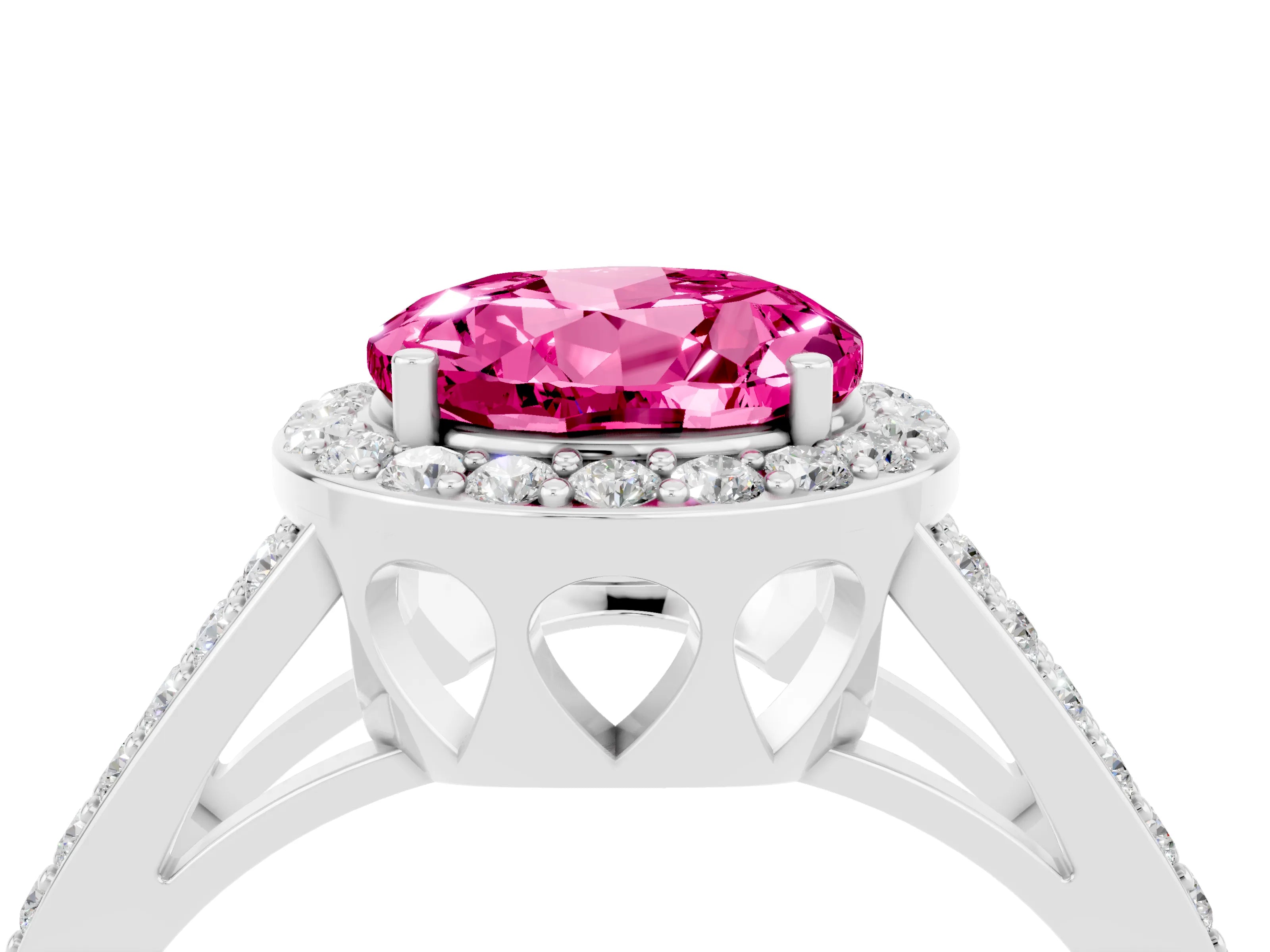 White gold Round Cut Pink Sapphire Halo Ring with Split Shank U-Prong Band and Four-Prong Setting_4