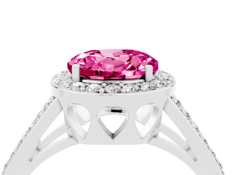 White gold Round Cut Pink Sapphire Halo Ring with Split Shank U-Prong Band and Four-Prong Setting_4