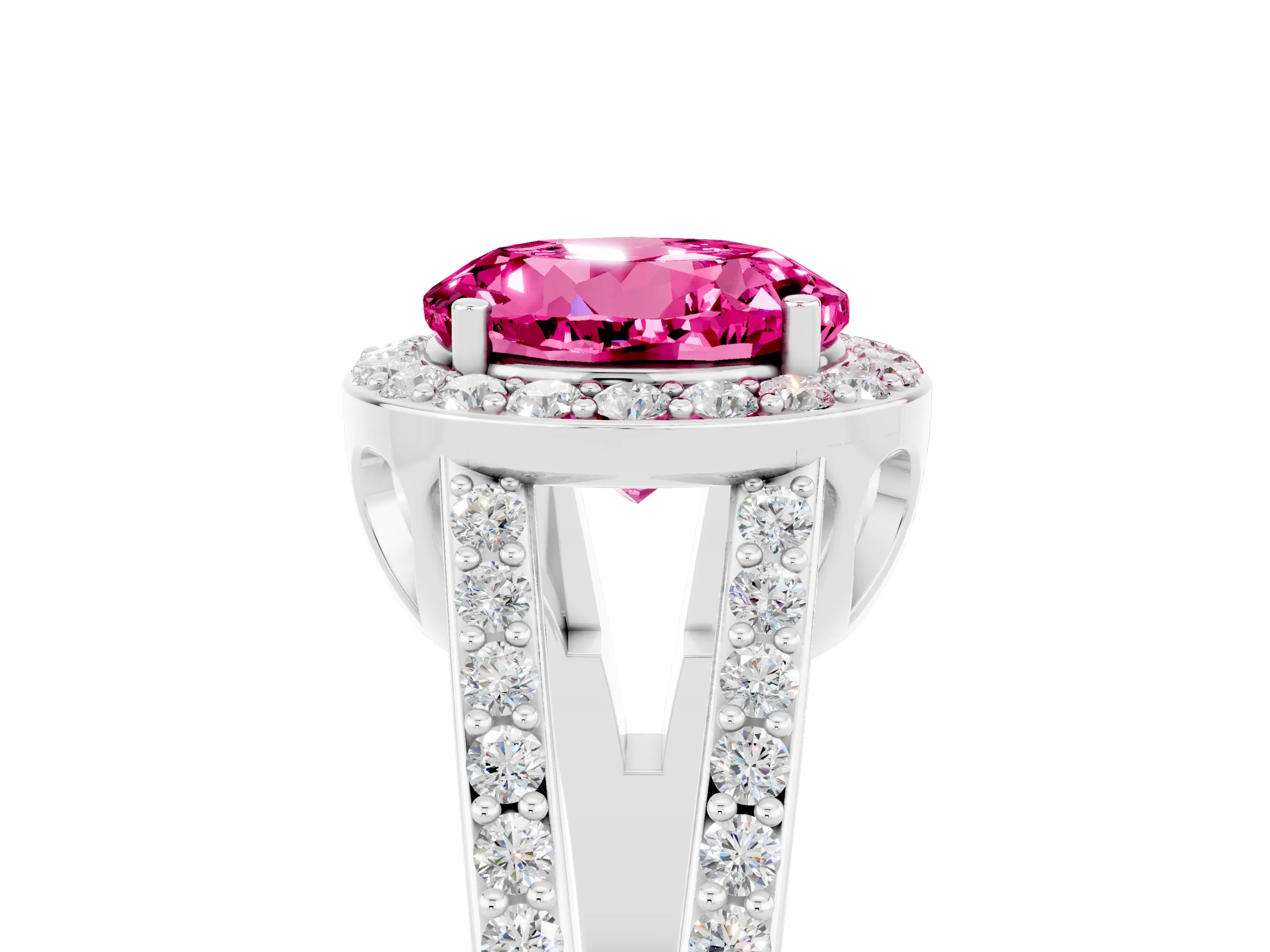 White gold Round Cut Pink Sapphire Halo Ring with Split Shank U-Prong Band and Four-Prong Setting_5