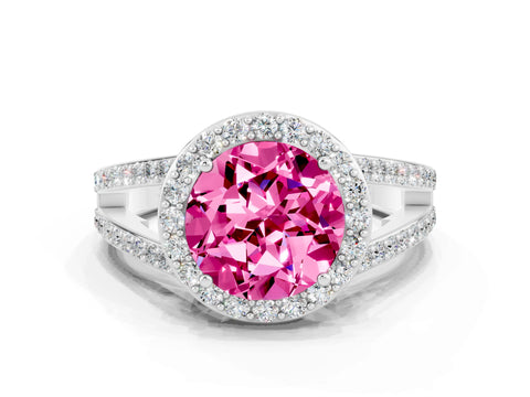White gold Round Cut Pink Sapphire Halo Ring with Split Shank U-Prong Band and Four-Prong Setting