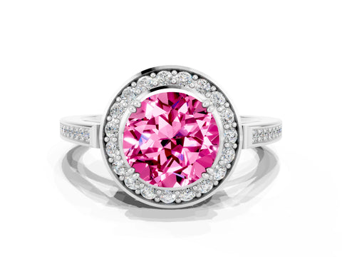 White gold Round Cut Pink Sapphire Halo Ring with Split Shank and Four-Prong Setting