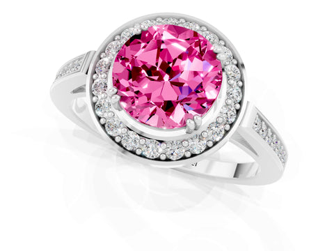 White gold Round Cut Pink Sapphire Halo Ring with Split Shank and Four-Prong Setting_13