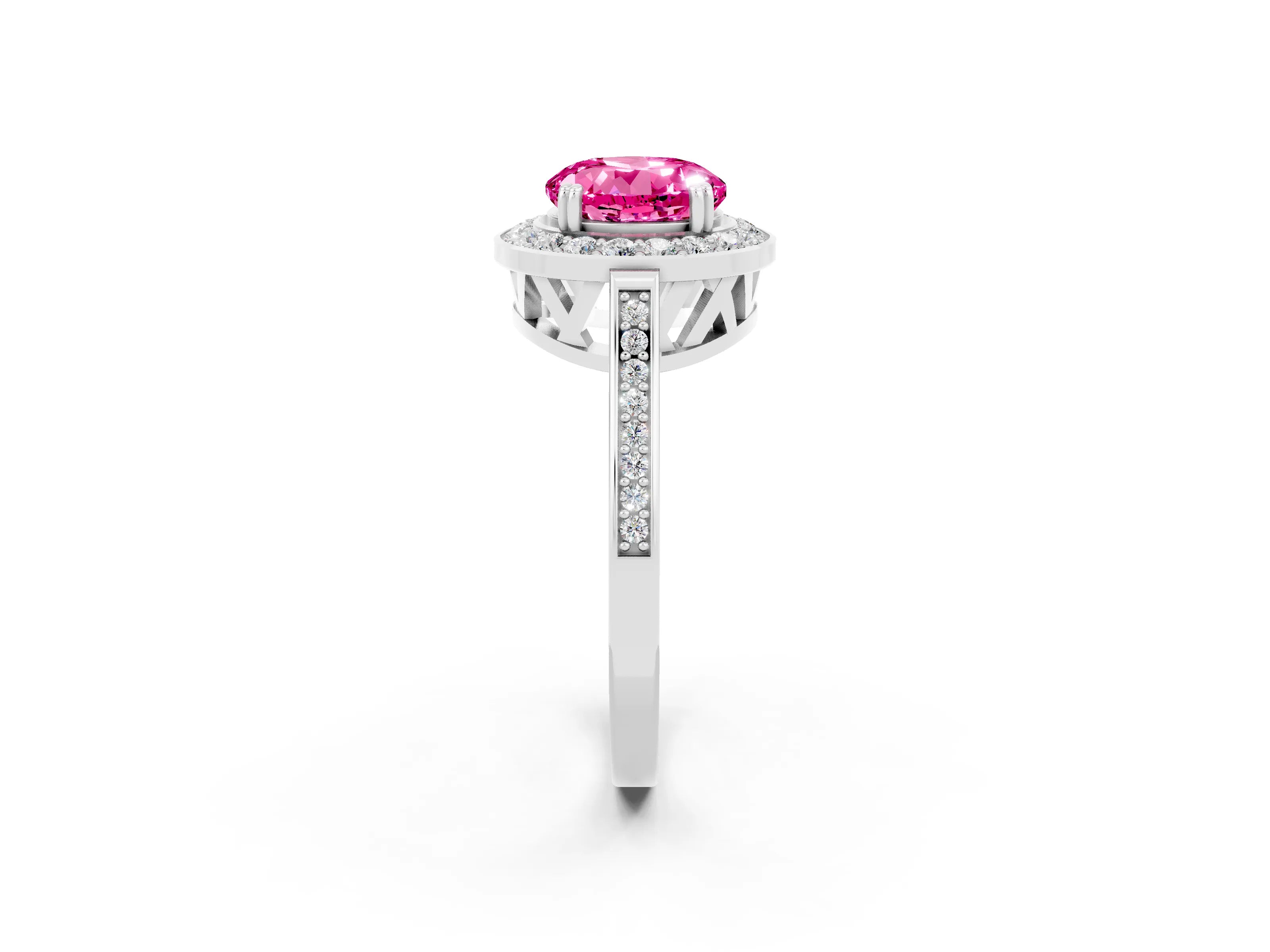 White gold Round Cut Pink Sapphire Halo Ring with Split Shank and Four-Prong Setting_14
