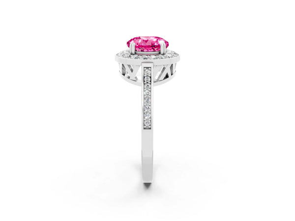 White gold Round Cut Pink Sapphire Halo Ring with Split Shank and Four-Prong Setting