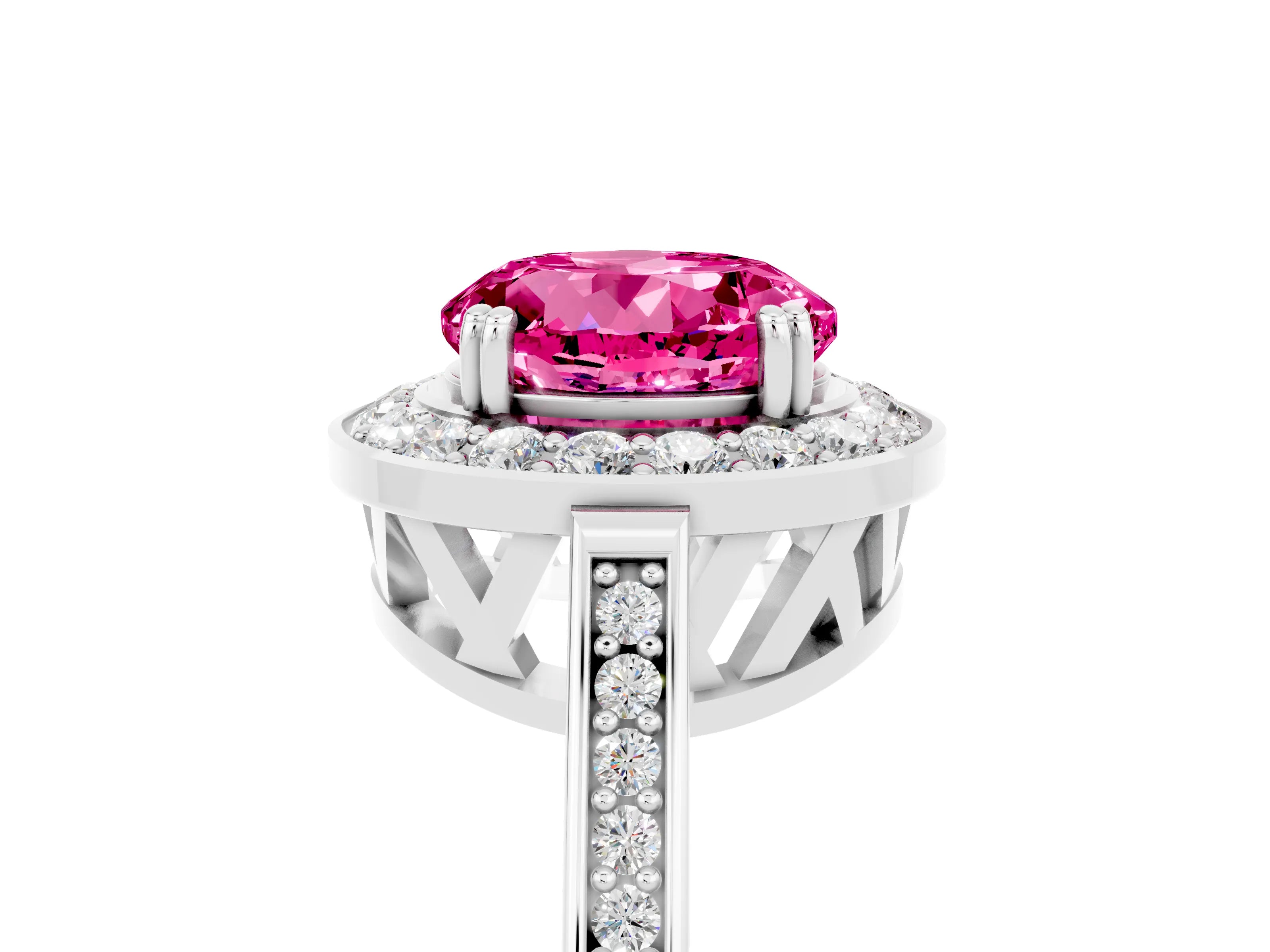White gold Round Cut Pink Sapphire Halo Ring with Split Shank and Four-Prong Setting_17