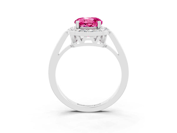 Platinum Round Cut Pink Sapphire Halo Ring with Split Shank and Four-Prong Setting