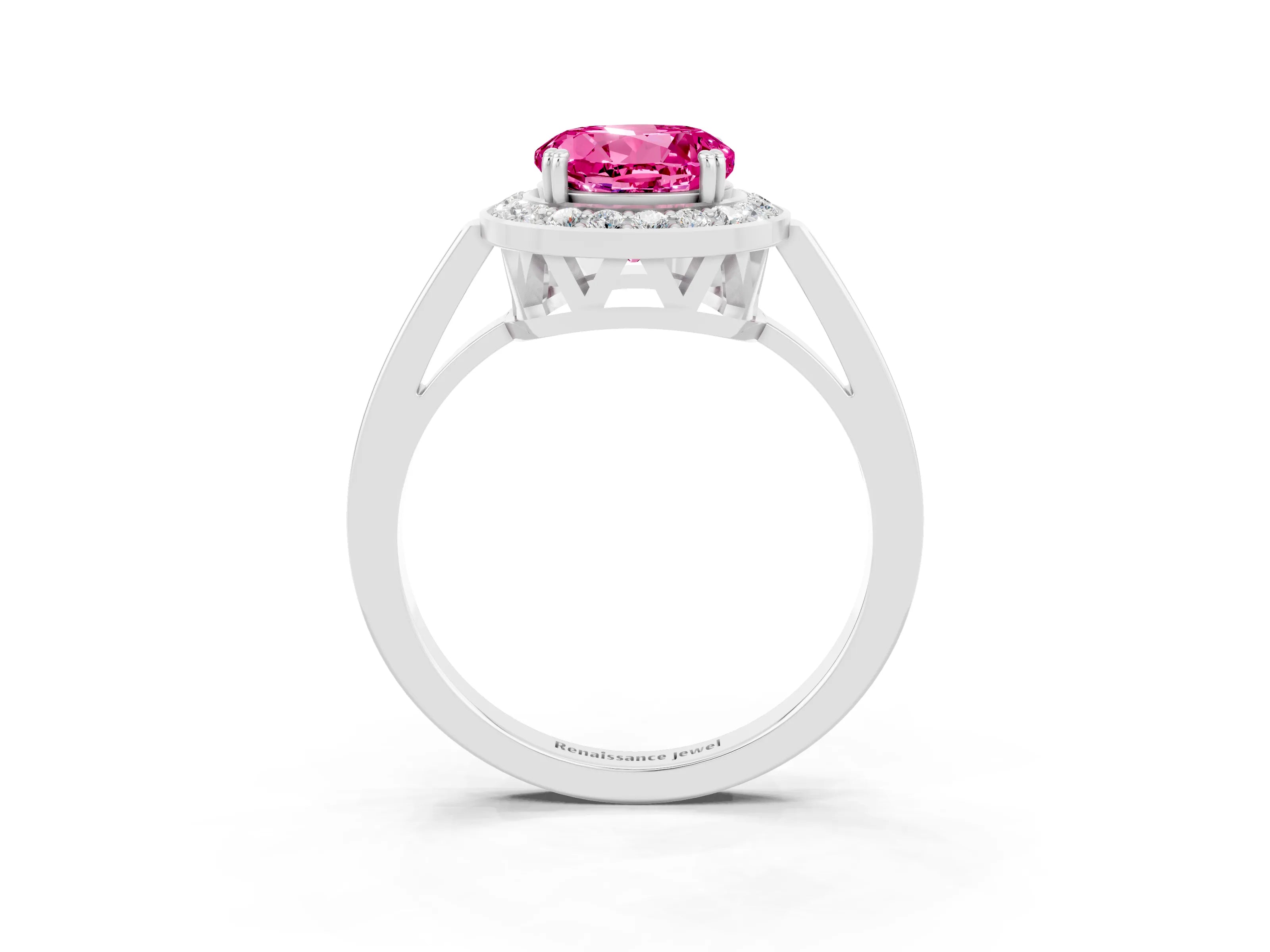 White gold Round Cut Pink Sapphire Halo Ring with Split Shank and Four-Prong Setting_3