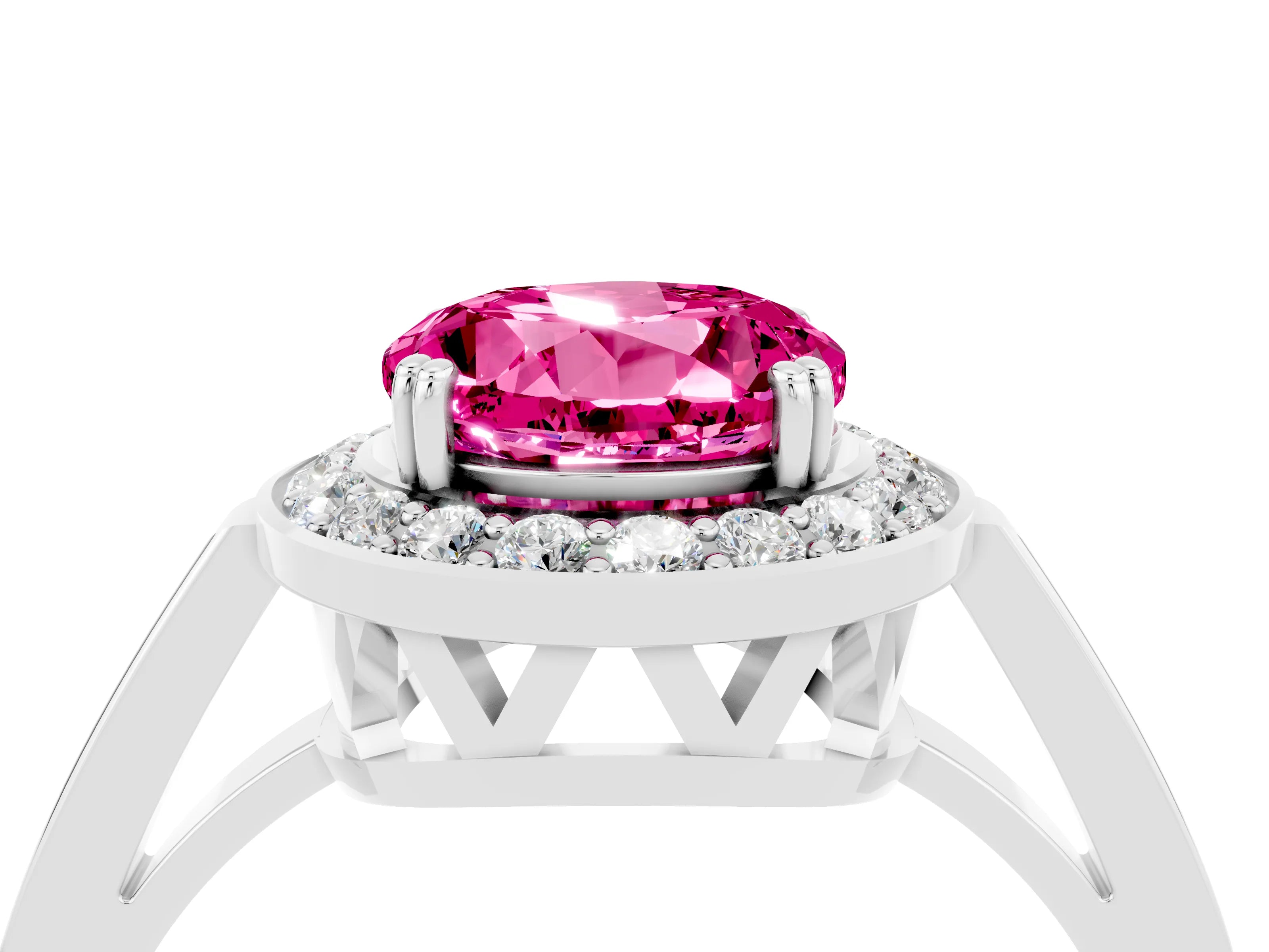White gold Round Cut Pink Sapphire Halo Ring with Split Shank and Four-Prong Setting_4