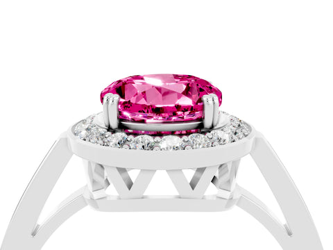 White gold Round Cut Pink Sapphire Halo Ring with Split Shank and Four-Prong Setting_4