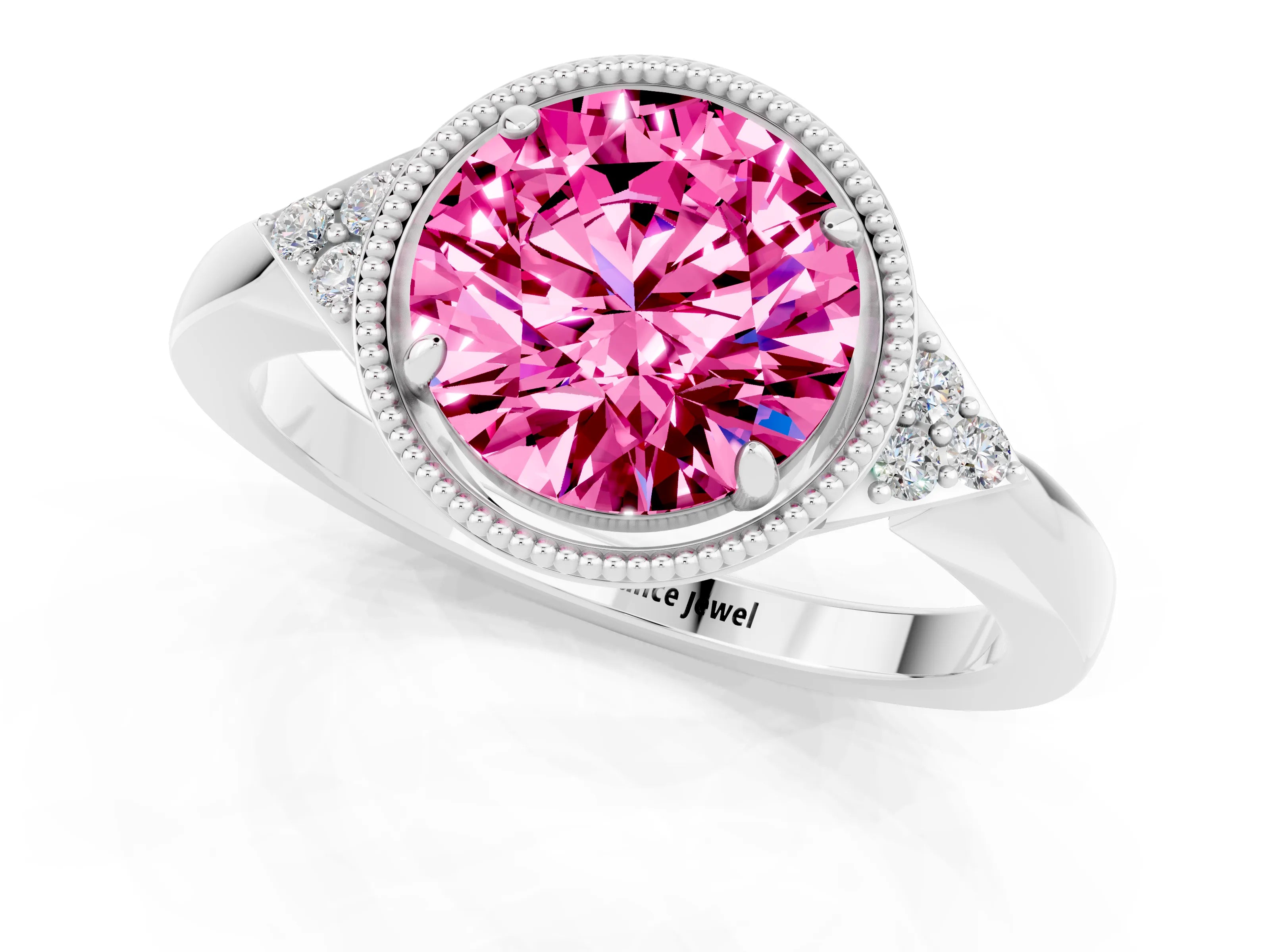 White gold Round Cut Pink Sapphire Halo Ring with Tapered Band and Four-Prong Setting_1