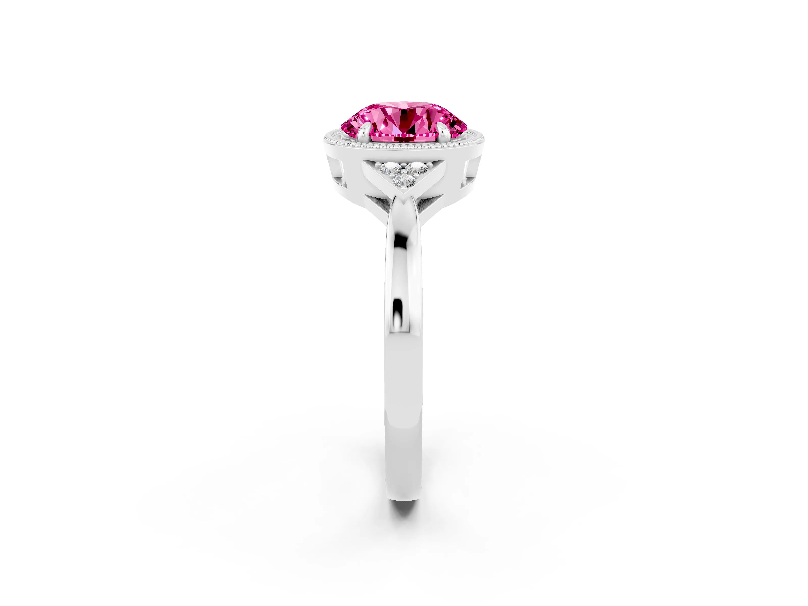 White gold Round Cut Pink Sapphire Halo Ring with Tapered Band and Four-Prong Setting_2