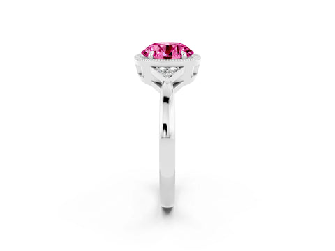 White gold Round Cut Pink Sapphire Halo Ring with Tapered Band and Four-Prong Setting_2