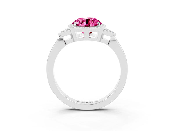 Platinum Round Cut Pink Sapphire Halo Ring with Tapered Band and Four-Prong Setting