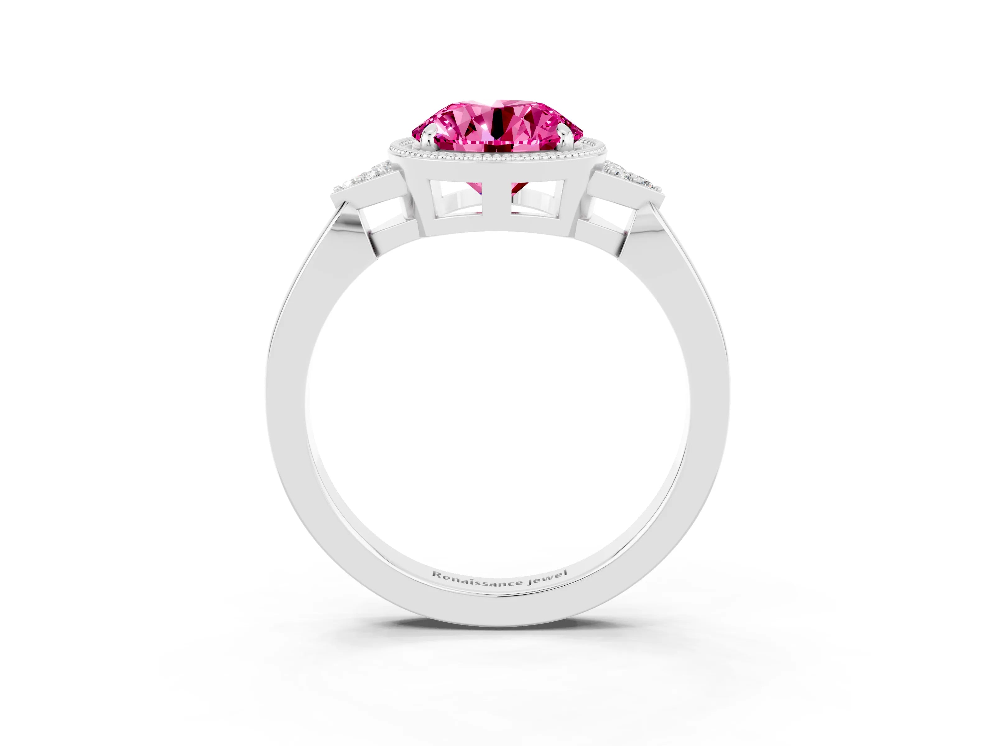White gold Round Cut Pink Sapphire Halo Ring with Tapered Band and Four-Prong Setting_3