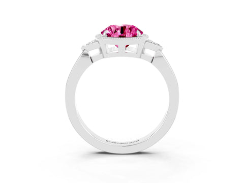White gold Round Cut Pink Sapphire Halo Ring with Tapered Band and Four-Prong Setting_3