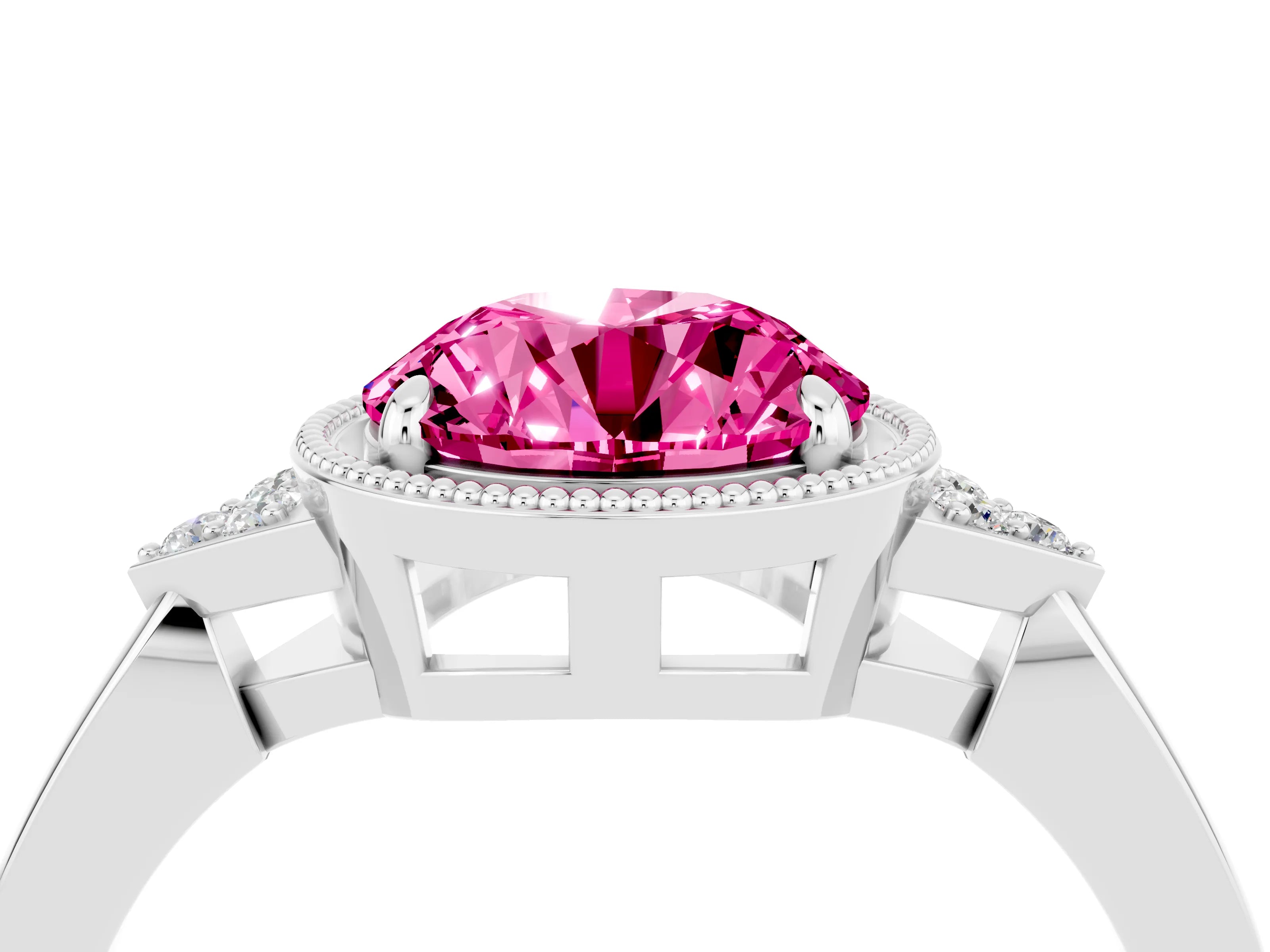 White gold Round Cut Pink Sapphire Halo Ring with Tapered Band and Four-Prong Setting_4