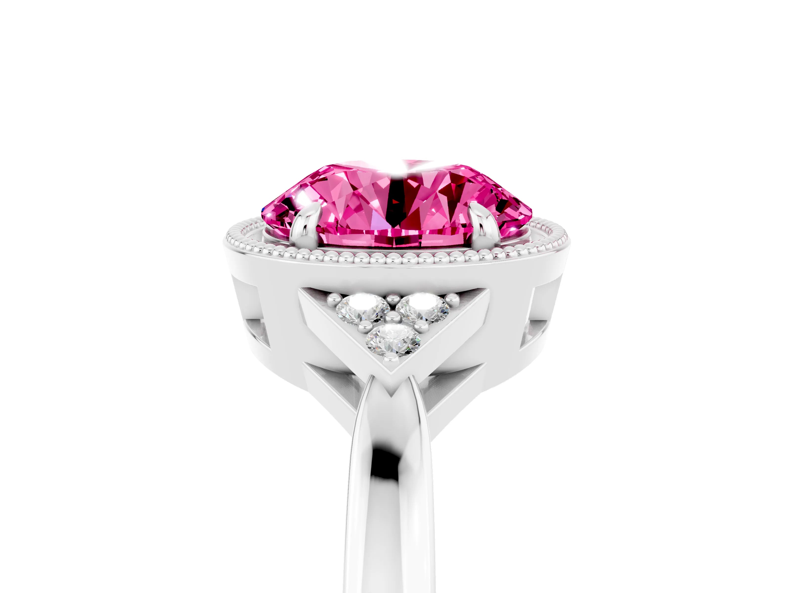 White gold Round Cut Pink Sapphire Halo Ring with Tapered Band and Four-Prong Setting_5